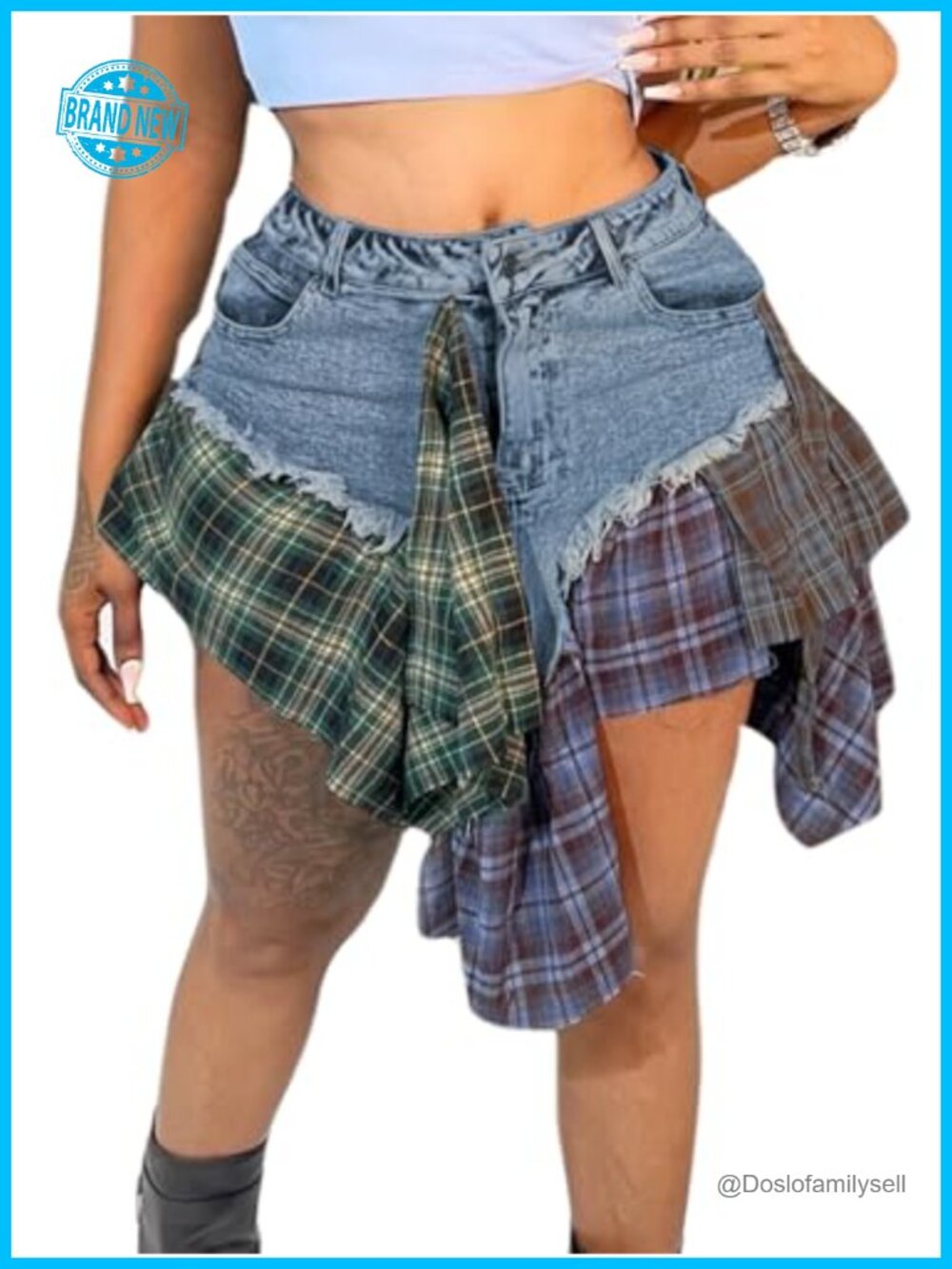 Plaid Patchwork Asymmetrical Hem Denim Mini Skirt High Waist